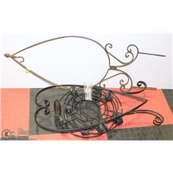 2 WROUGHT IRON PLANT HOLDERS & 2 -4 WHEELED