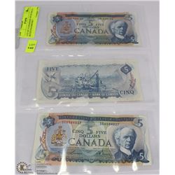 LOT OF 3 CANADIAN 1972 $5 BILLS - BOUEY/RASMINSKY