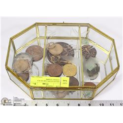 ESTATE GLASS CASE OF OLD COPPER / STAMPS