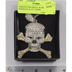 RHINESTONE SKULL & CROSSBONE PENDANT & 34" CHAIN