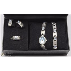 LADIES JEWELRY SET INCLUDES WATCH, RING, EARRINGS