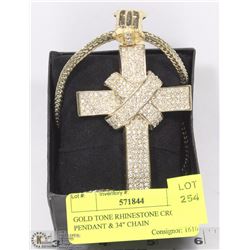 GOLD TONE RHINESTONE CROSS PENDANT & 34" CHAIN