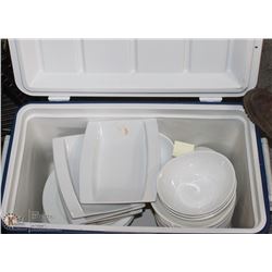LARGE BLUE COOLER W/ SERVING DISHES, VARIOUS