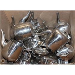 BOX OF METAL TEA POTS