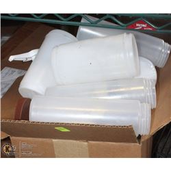BOX OF PLASTIC CONDIMENT BOTTLES WITH LIDS AND