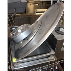 LOT OF STAINLESS INSERTS, PIZZA PANS AND MORE
