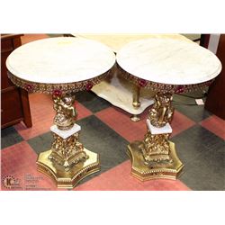PAIR OF BRASS & MARBLE TABLES WITH CHERUB DESIGN