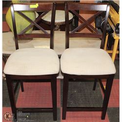 2 WOOD HIGH BACK BAR STOOLS