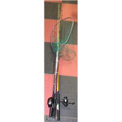 LOT OF 4 FISHING RODS AND NET, 2 SHAKESPEAR RODS