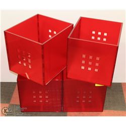 4 DESIGNER PLASTIC RED CUBE STORAGE BOXES