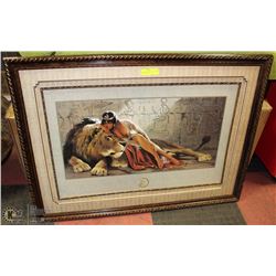43 X 31 EGYPTION LADY WITH LION FRAMED PICTURE