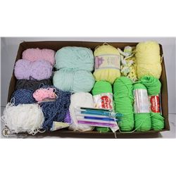 FLAT OF ASSORTED KNITTING NEEDLES, YARNS
