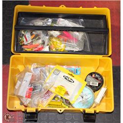 YELLOW FISHING TACKLE BOX FULL OF HOOKS  AND