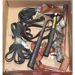 BOX OF TOOLS, HATCHET, HAMMER, BALL HITCH ,