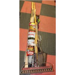 GARDENING TOOLS WITH NEW CHICKEN WIRE, DOWELS