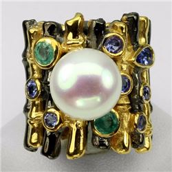 Natural White Pearl 11 mm Emerald Tanzanite Ring