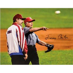 Photograph Signed JIMMY CARTER first pitch at a baseball game with Fidel Castro