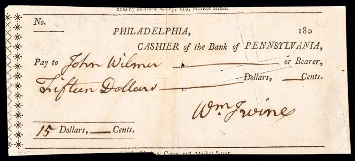 c. 1800 Continental Army Brigadier General WILLIAM IRVINE Signed Check