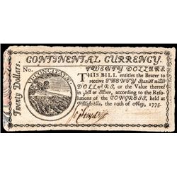 First Issue Continental Currency, May 10, 1775 $20 MARBLED BORDER. PCGS VF-35