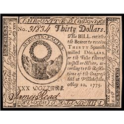 Continental Currency, May 10, 1775 Thirty Dollars First Issue. Choice Crisp UNC.