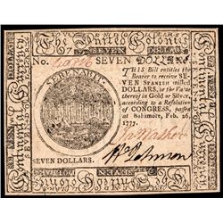 Continental Currency, February 26, 1777 7 Dollars Baltimore Issue PCGS Ch. AU-58