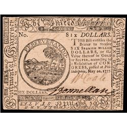 Continental Currency, May 20, 1777 Six Dollars First THE UNITED STATES Issue AU