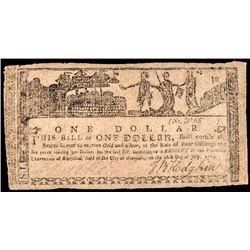 Colonial Currency Maryland July 26, 1775 $1 Allegorical-Gunpowder Political Note