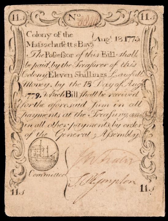 Colonial Script Colonial Currency, PAUL REVERE Mass. August 18, 1775. 11 Shillings ...