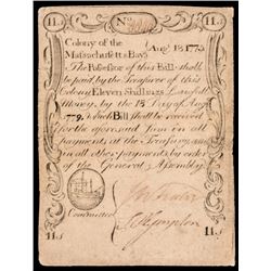 Colonial Currency, PAUL REVERE Mass. August 18, 1775. 11 Shillings Sword in Hand