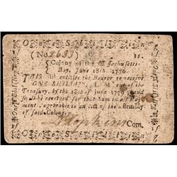 Colonial Currency, Massachusetts. June 18, 1776. One Shilling. PMG VF-30