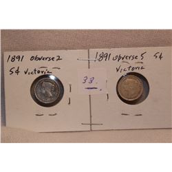 2 - 1891 Canada Sterling Silver Five Cents (1891 obv. 5; 1891 obv. 2)