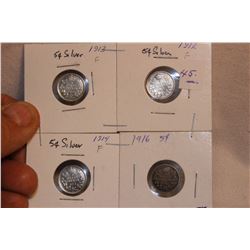 4 - Canada Sterling Silver Five Cents - 1912; 1913; 1914; 1916