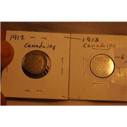 2 - Canada George V Ten Cents - 1912; 1913