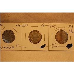 3 George V Canada 25 Cents - 1912; 1913; 1914