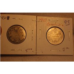 2 George V Canada 25 Cents - 1928; 1931