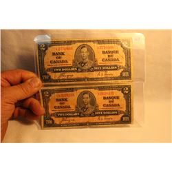 2 Cdn. 1937 Two Dollar George VI Banknotes - Coyne/Towers