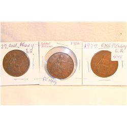 Great Britain Large Penny (3) 1927; 1936; 1937