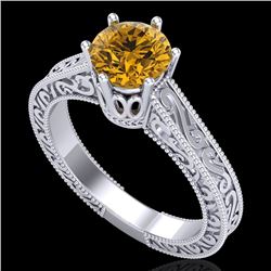1 CTW Intense Fancy Yellow Diamond Engagement Art Deco Ring 18K White Gold - REF-200W2H - 37574