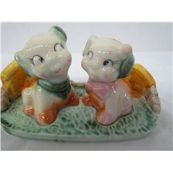 Dog salt & pepper shakers with holder 5 1/2"