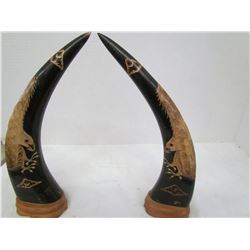 Pair of carved eagle horns 10 1/2"