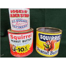 2 Squirrel peanut butter, Roger's Golden Syrup tins