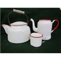 Enamel wear white/red kitchen items - coffee cup, kettle and tea pot