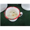 Image 3 : Enamel wear white/red kitchen items - coffee cup, kettle and tea pot