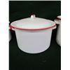 Image 3 : Enamel wear white/red kitchen items - 3 pots, 1 with no lid