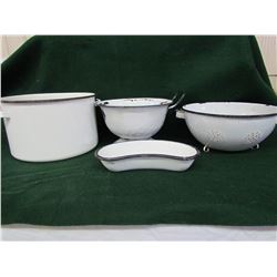 Enamel wear black/white kitchen items - 2 strainers, pot, kidney pan
