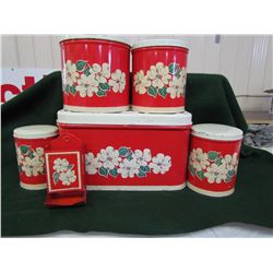 Complete 5 piece bread box and canaster set with match box holder