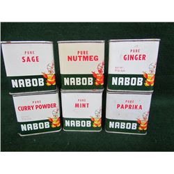 6 tin Nabob spice containers