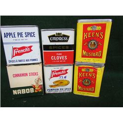 Keens Mustard, French Pumpkin Spice, Empress cloves, Apple pie spice, Nabob cinnamon sticks tins