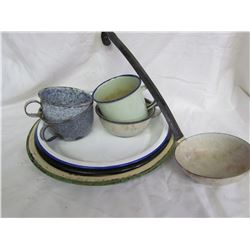 Misc kitchen items - 3 plates, 4 cups, ladel, red pot