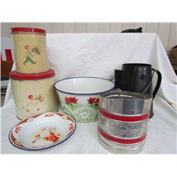 Kitchen wear - 2 tins, bowl, plate, sifter, kettle